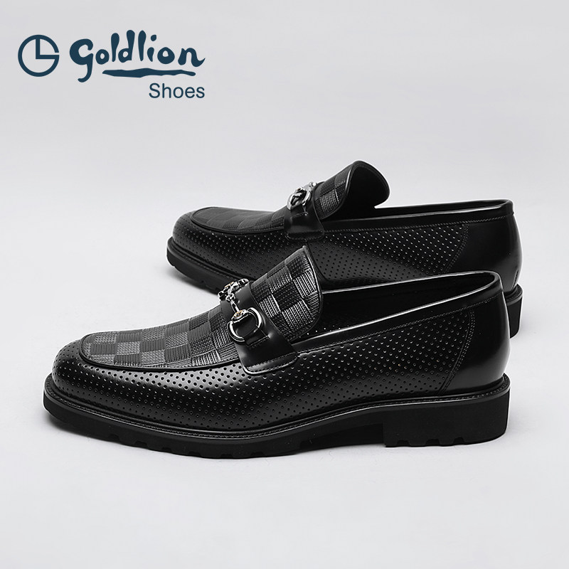 金利来男鞋2025夏季冲孔黑色透气套脚一脚蹬商务休闲皮鞋男乐福鞋,淘宝优惠券,粉丝福利购,淘宝优惠卷