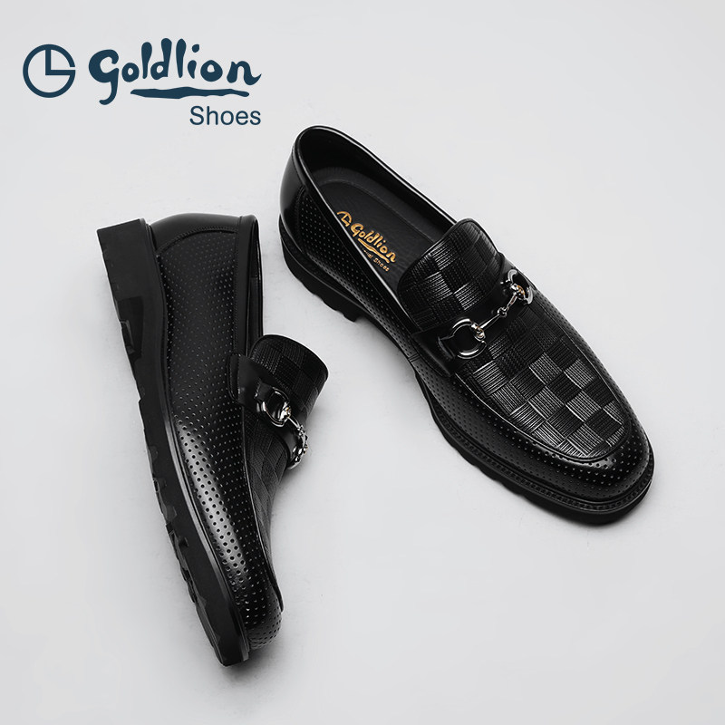 金利来男鞋2025夏季冲孔黑色透气套脚一脚蹬商务休闲皮鞋男乐福鞋,淘宝优惠券,粉丝福利购,淘宝优惠卷