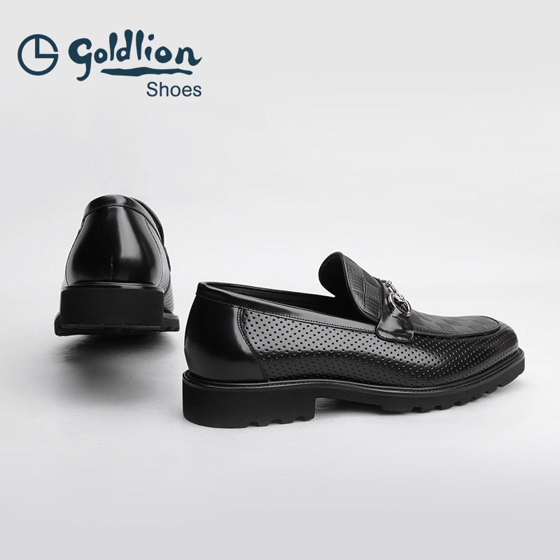 金利来男鞋2025夏季冲孔黑色透气套脚一脚蹬商务休闲皮鞋男乐福鞋,淘宝优惠券,粉丝福利购,淘宝优惠卷
