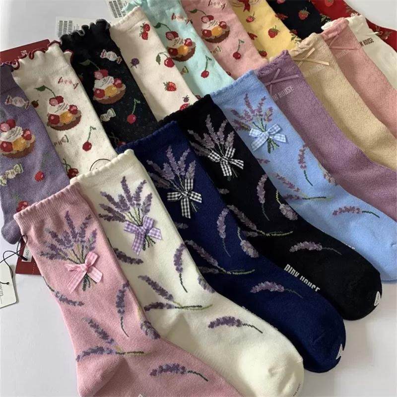 日系jk甜美少女小腿袜蝴蝶结木耳花边甜美可爱图案中筒女袜子 - 图1