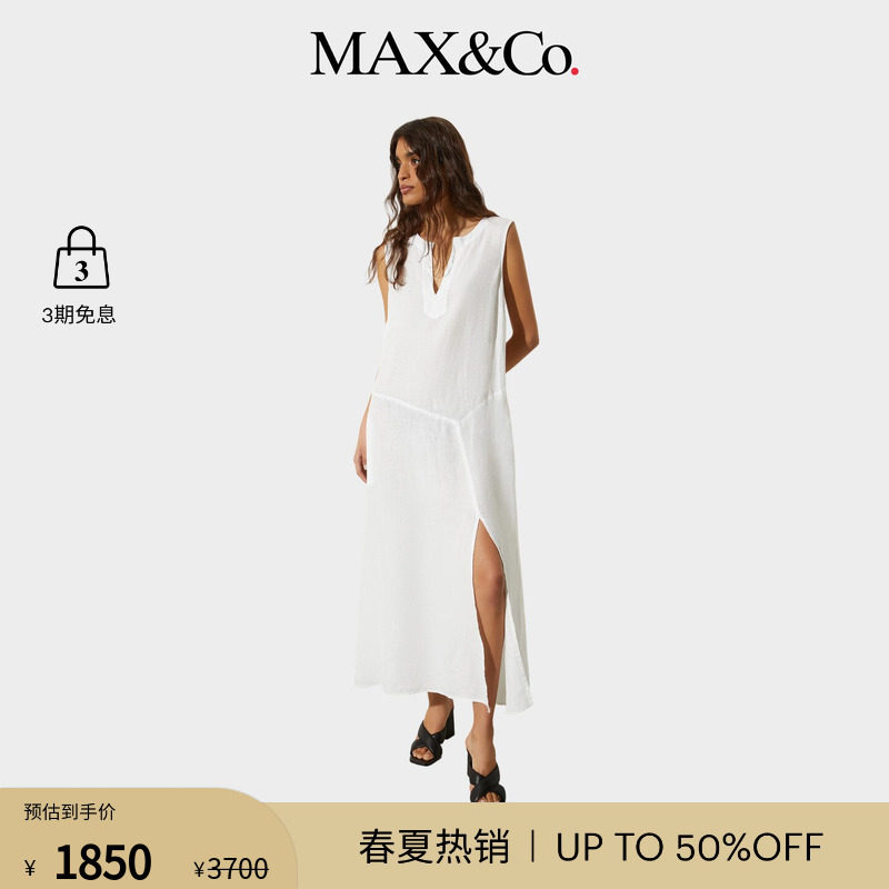 MAX&Co.女装浅色V领无袖开叉亚麻长款连衣裙6221035502