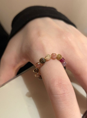 天然石碧玺戒指女轻奢小众设计感开口食指戒网红时尚个性戒指