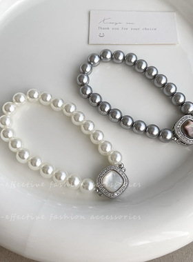 轻奢高级施家珍珠真多麻色澳白色贝母扣手链小众精致女生复古手串