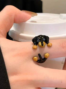 童趣可爱黑色小狗戒指女小众设计食指戒洋气时尚个性学生闺蜜指环