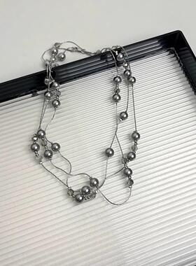 感多层灰色珍珠项链长款多种戴法
