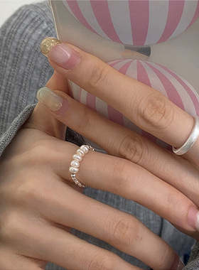 2023年新款银色珍珠碎银子戒指韩国小众设计食指戒时尚个性可调节