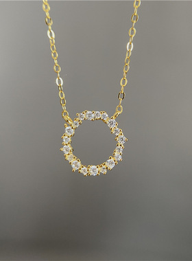 S925纯银镀14k黄金项链蓝色大海的传说镶锆石满钻圆圈轻奢锁骨链