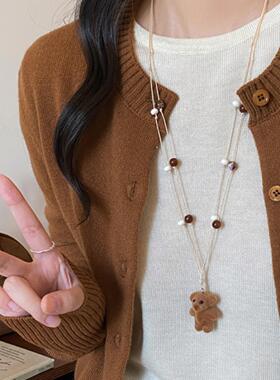 美拉德可爱毛绒花朵小熊吊坠项链