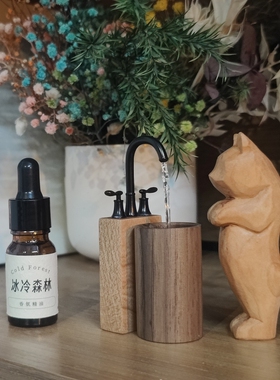 猫咪喝水木制摆件车载香氛精油木质扩香木器室内工位桌面创意礼品