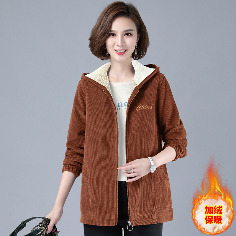 灯芯绒纯棉加绒女士2020年连帽夹克 罗戈褚时尚套装