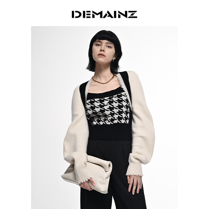 DEMAINZ地缦加厚羊绒衫女经典黑白撞色千鸟格春秋冬新款毛衣上衣