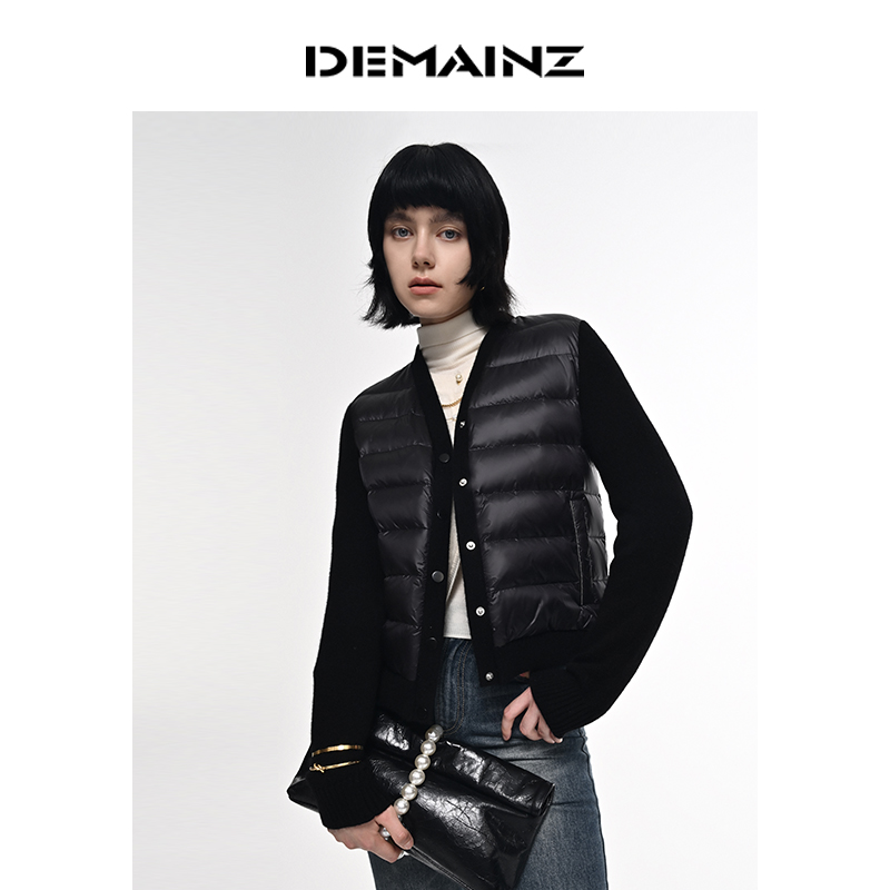 DEMAINZ地缦鹅绒薄款短羽绒服女秋冬新款罗纹袖保暖外套夹克