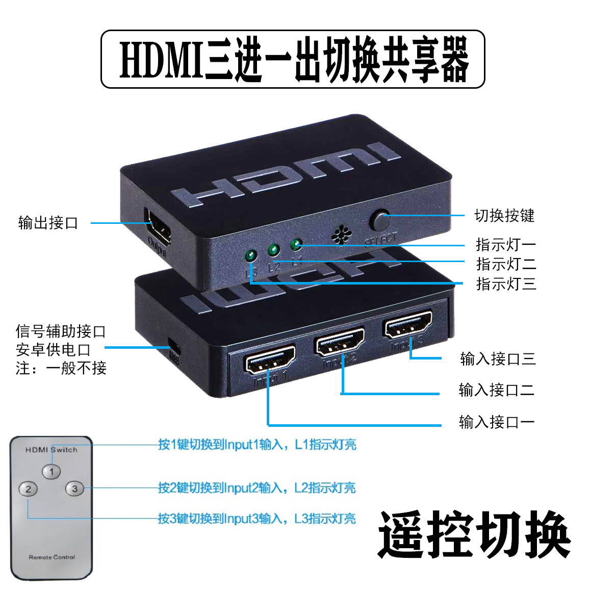 柏图hdmi切换器三进一出音视频电脑主机信号笔记本投影仪电视高清4k分屏显示器3进1出一分二分配器三进一出-图0