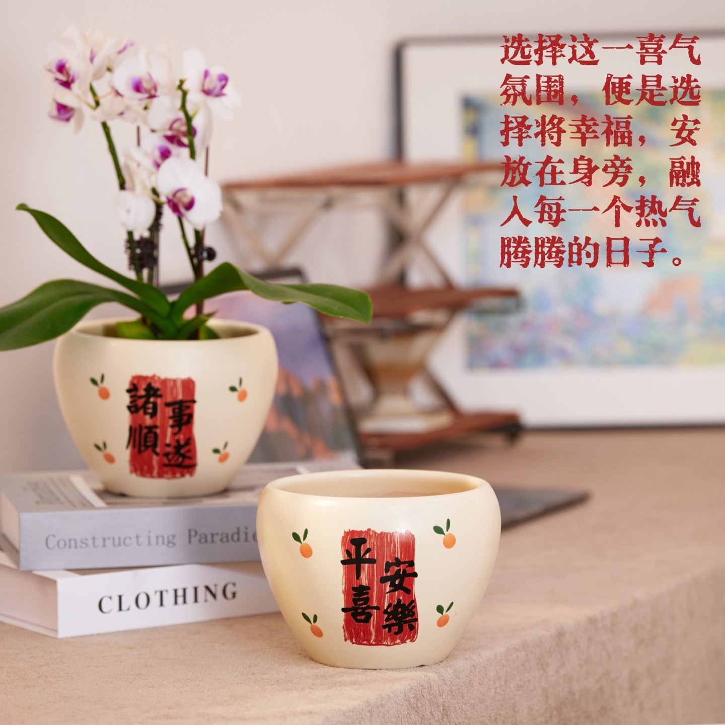 花盆陶瓷简约创意新款喜庆节日客厅桌面蝴蝶兰发财树盆栽送托盘,淘宝优惠券,粉丝福利购,淘宝优惠卷