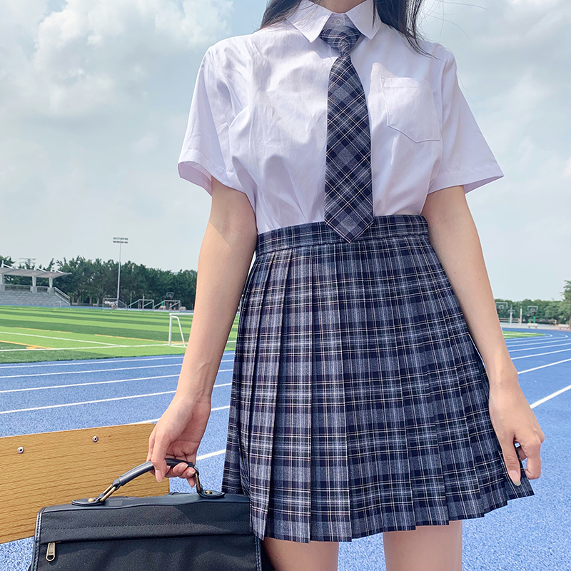 LF原创现货素锦JK制服裙正版校供感灰黑蓝格学院风百褶裙夏