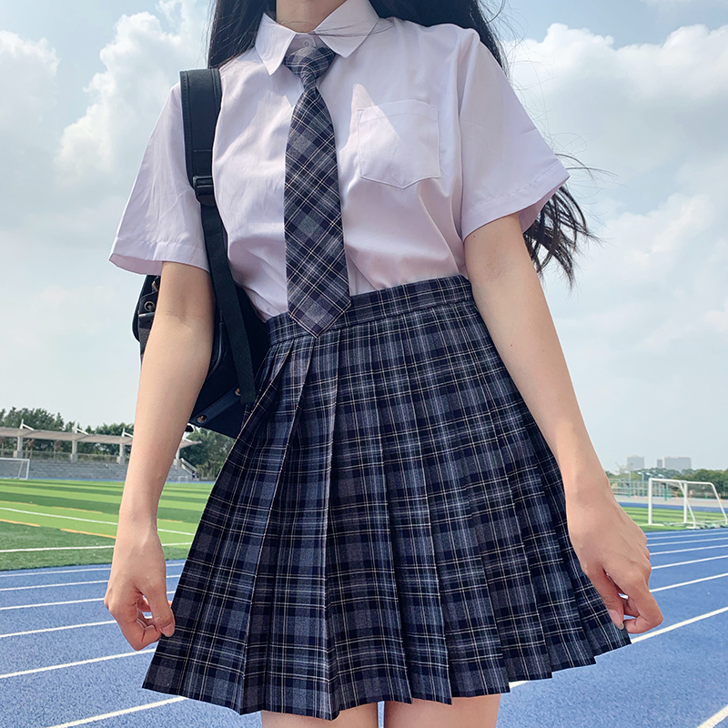 LF原创现货素锦JK制服裙正版校供感灰黑蓝格学院风百褶裙夏