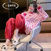 Japanese strawberry bear pure cotton pyjamas woman autumn and winter long sleeve cartoon sweet and beautiful red Ben-year striped home dress