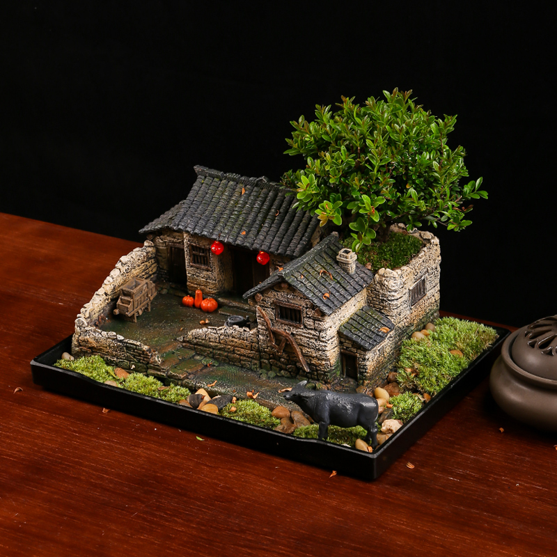 中式农村老房子模型微景观造景创意花盆办公室桌面绿植盆景小摆件 - 图0