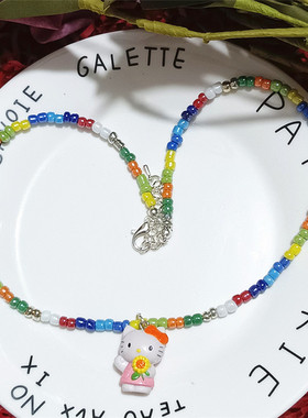 手作kitty猫咪珠光彩色串珠项链