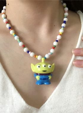 三眼仔吊坠彩色珠光琉璃串珠项链
