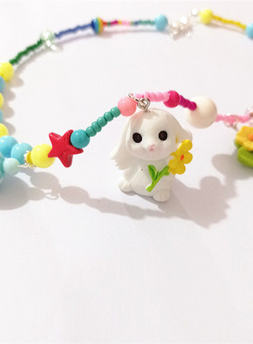 大白兔Rabbit七彩手工串珠项链女