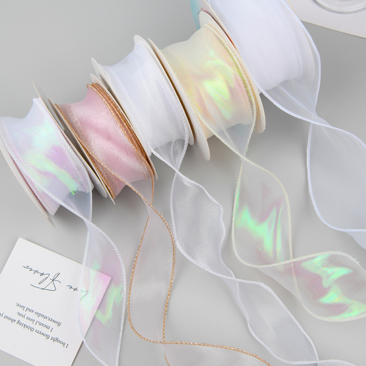 幻彩珠光彩色鱼尾纱丝带蛋糕蝴蝶结头饰编发玫瑰花束彩带缎带包装 - 图0