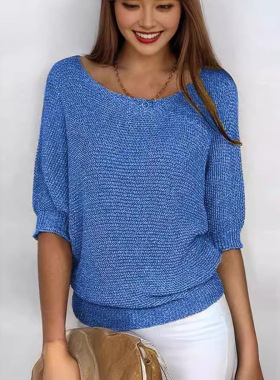 Women's round neck seven quarter sleeve top knitted sweater