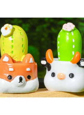 卡通立体可爱卡通动物仙人掌盆栽 树脂桌面小摆件DIY饰品配件