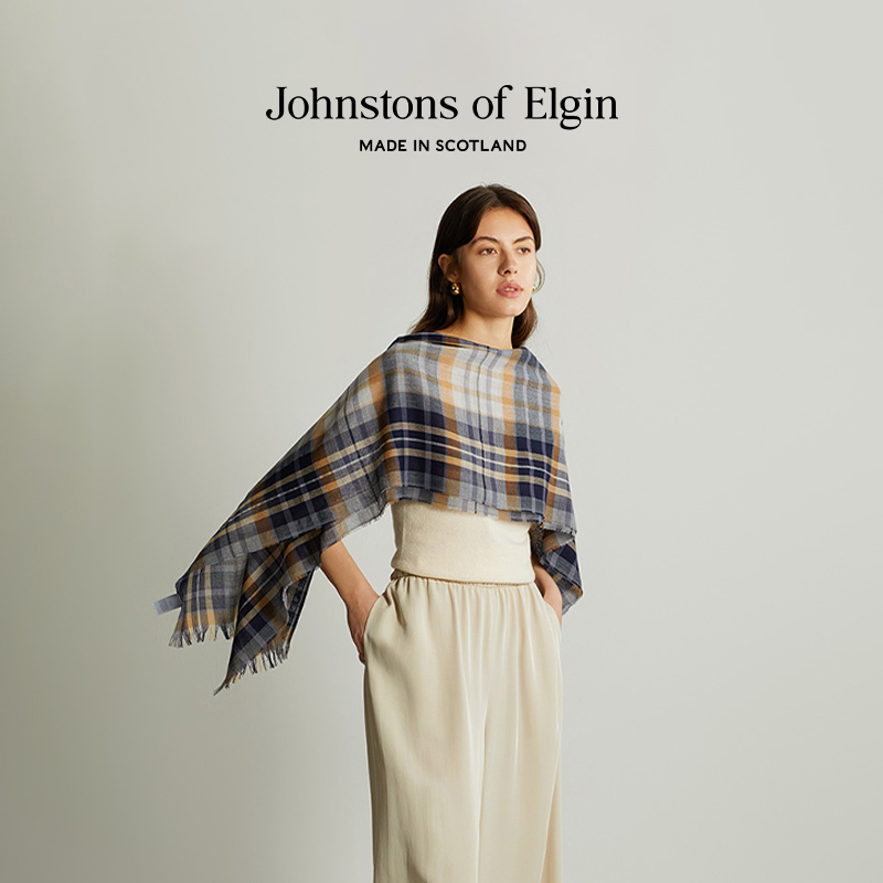 【夏日披肩】Johnstons of Elgin轻薄格纹羊毛披肩围巾女丝巾外搭 - 图1