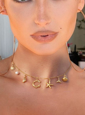 女式字母项链金色吊坠波西米亚夏季贝壳海滩海星冲浪手饰女孩礼物