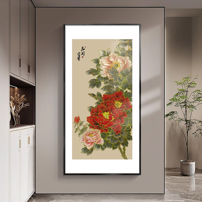 烫金花开富贵玄关挂画大气新中式入户进门装饰画寓意好牡丹花壁画