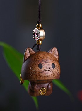 榉木躲猫猫创意实木木雕网红手机链可爱卡通铜钱猫咪治愈系招财猫