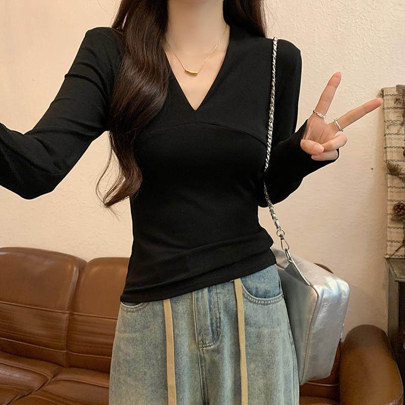 实拍1*1螺纹210G长袖t恤女装2025秋季新款纯色薄款修身V领打底衫,淘宝优惠券,粉丝福利购,淘宝优惠卷