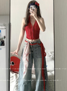 欧美辣妹风红色编绳丝巾腰带