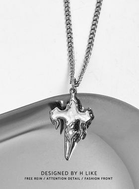 白色十字架钛钢蛇骨男女项链吊坠