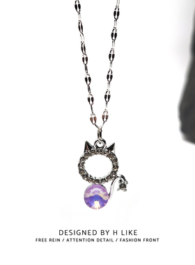 轻奢小众紫色水钻猫头吊坠钛钢项链女银色锁骨链日韩女士时尚高级
