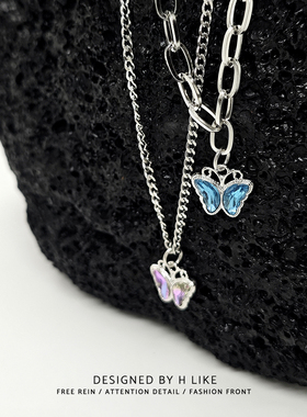 紫蓝水钻蝴蝶项链吊坠饰品毛衣链