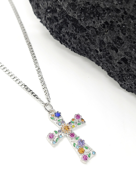 彩色水钻十字架钛钢蛇骨项链