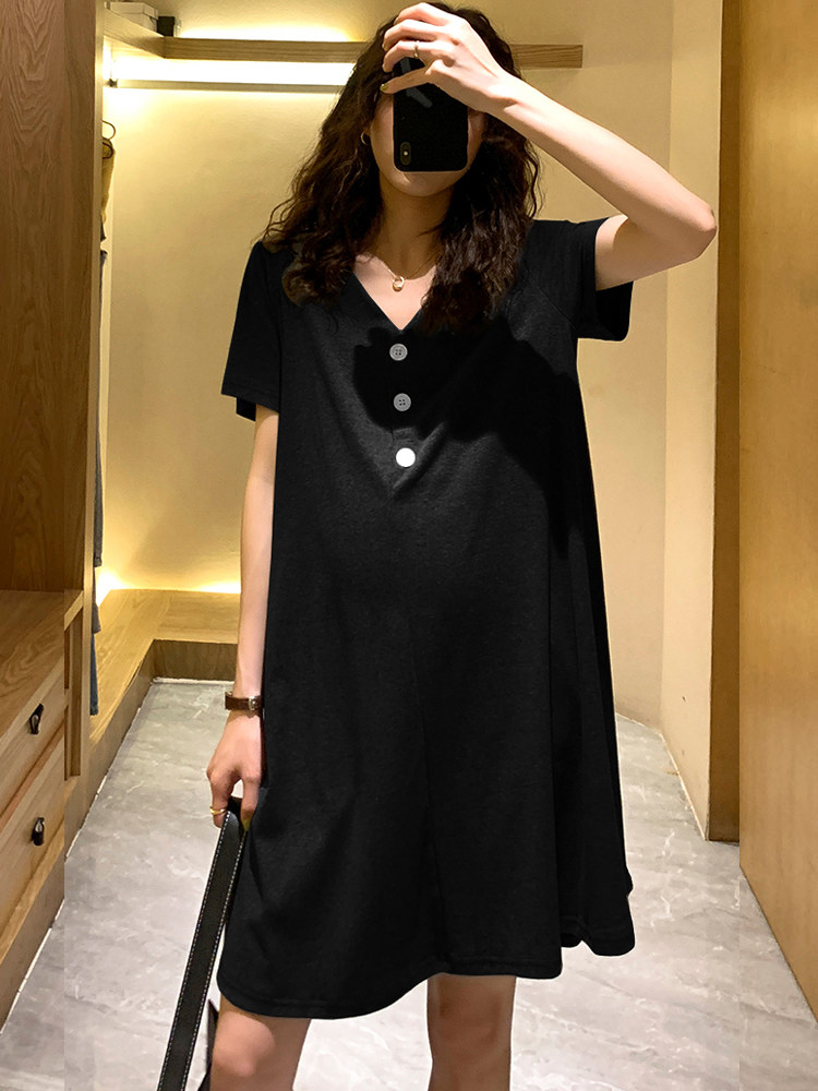 孕妇夏装纯棉大码v领韩版t恤裙子 班比丽朵连衣裙