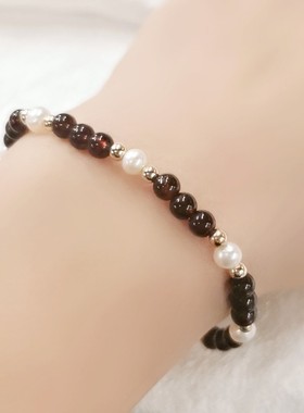 原创设计石榴石14k包金珠小珍珠手链手串 简约款手饰送闺蜜礼物