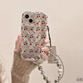 Feather yarn cherry polka dot wristband iPhone15 phone case for Apple 14/13 promax hard shell 12 portable 11 chain lanyard high-end red niche Japanese and Korean new sweet and cool