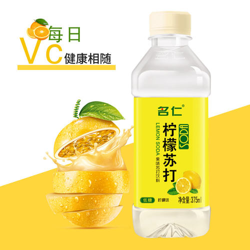 名仁无汽苏打水饮料原味柠檬芦荟玫瑰水蜜桃6个柠檬375ml*24瓶箱 - 图0