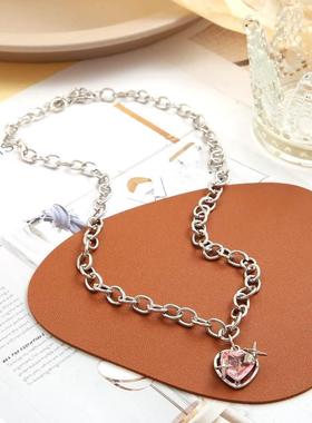 Pink heart pendant necklace粉色爱心吊坠锁骨链女士爱心项链女