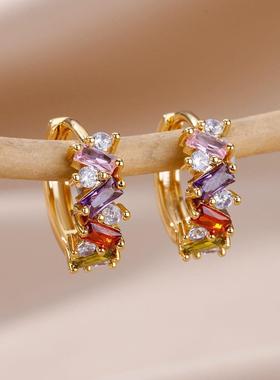 Rainbow Colored Zircon Earrings for Women Gold Plated