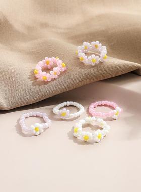 Pink rice Bead Flower Ring Set 6-Piece set rings women戒指女