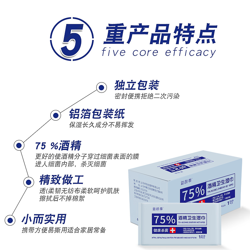 75%酒精湿巾单独包装家用杀菌消毒湿纸巾小包酒精消毒湿巾100片装