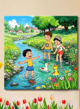 童年时光夏日治愈系装饰画田园风景卡通儿童房学校走廊卧室壁挂画