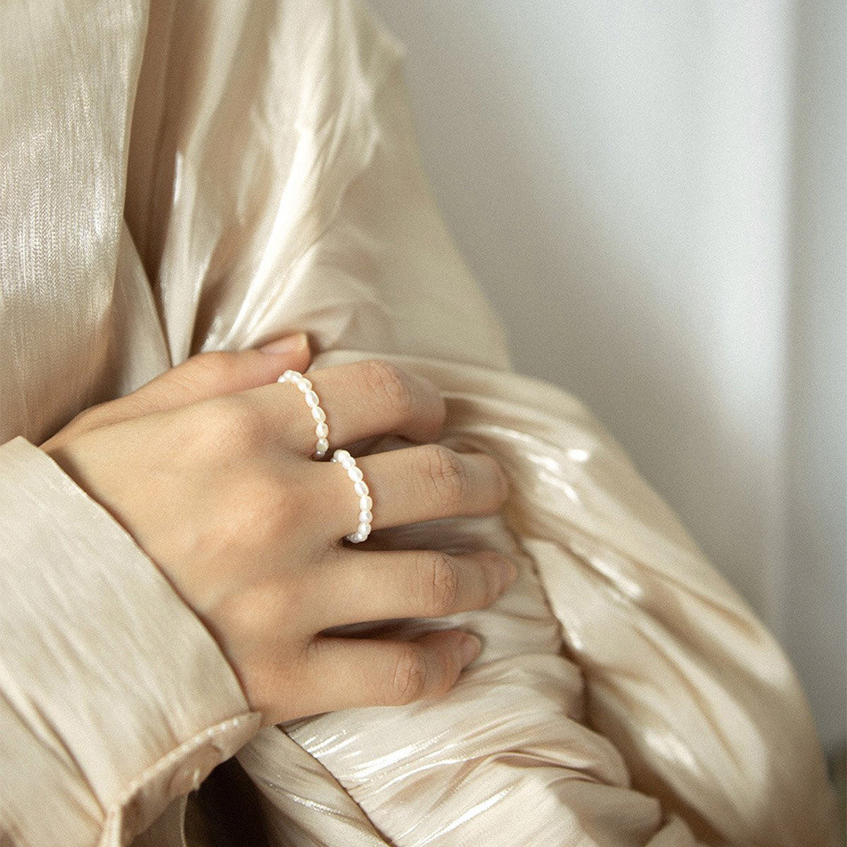 Pearl ring sterling silver beads stacked for light luxury and high-end feel