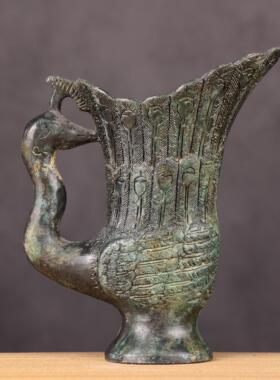 古青铜摆件青铜双凤杯酒樽吉祥鸟尊花瓶古玩装饰工艺品装饰摆件