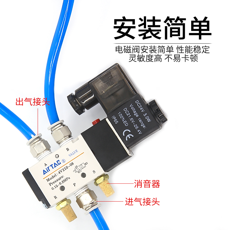 亚德客电磁阀4v210-08气动气阀控制器开关24v电子阀220v二位五通-图1